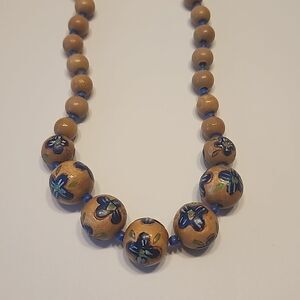 Vintage Wooden Hand Painted  Flowered Beaded Necklace 20" Length Womens Jewelry
